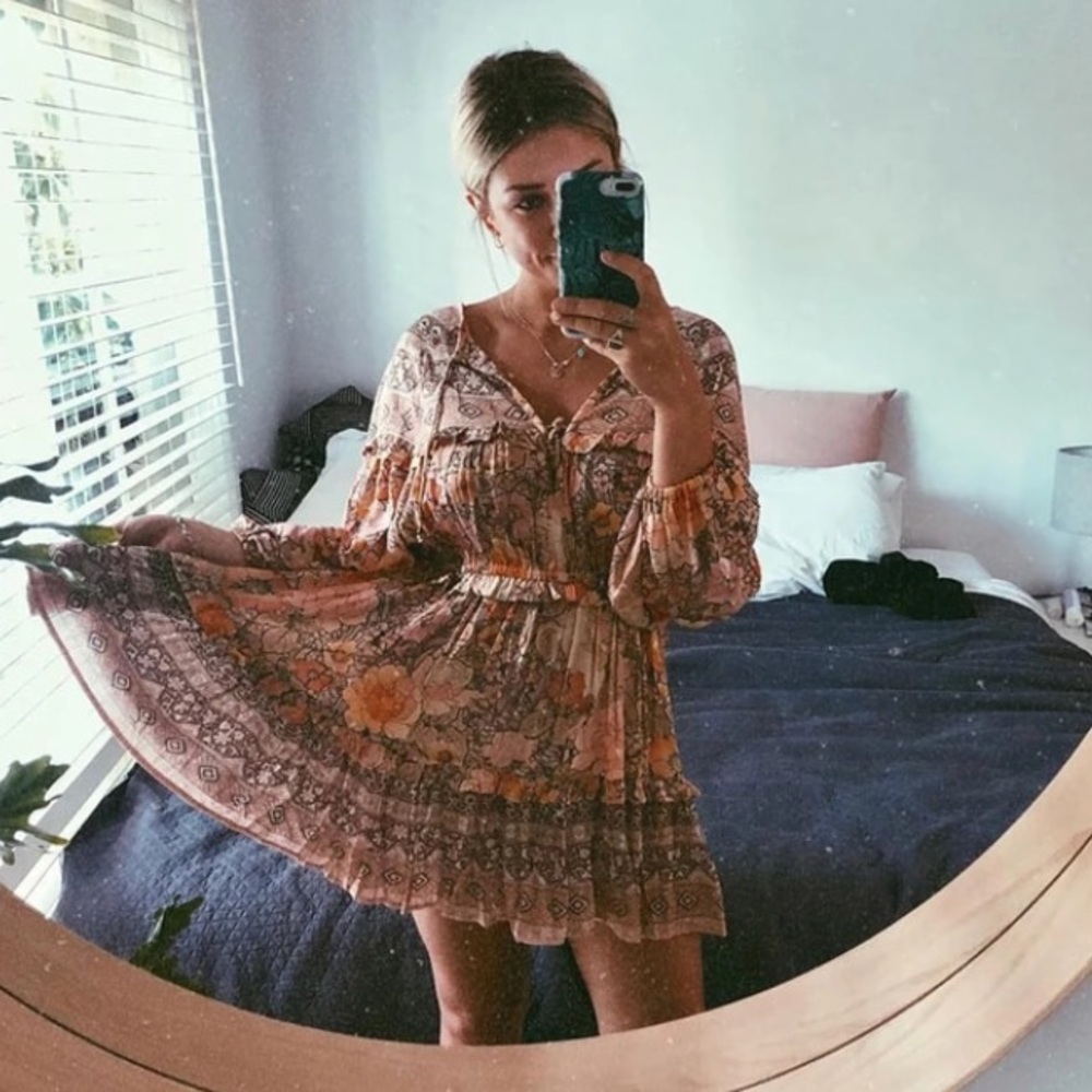 Gypsy Boho Floral Festival Mini Long Sleeve Dress - Picture 6 of 8
